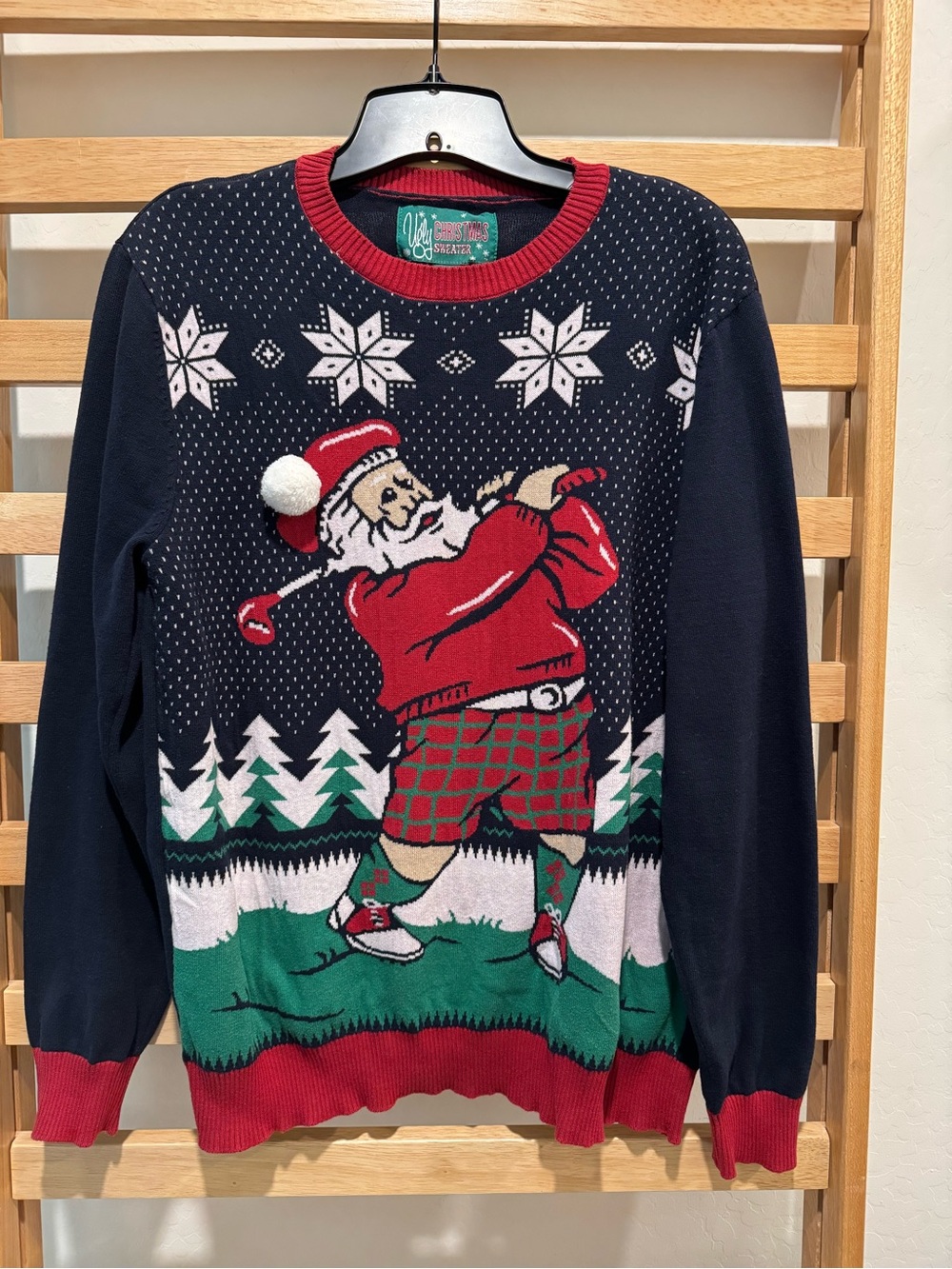 Holiday Golf Santa Crewneck Sweater - Navy & Red - Ugly Sweater
